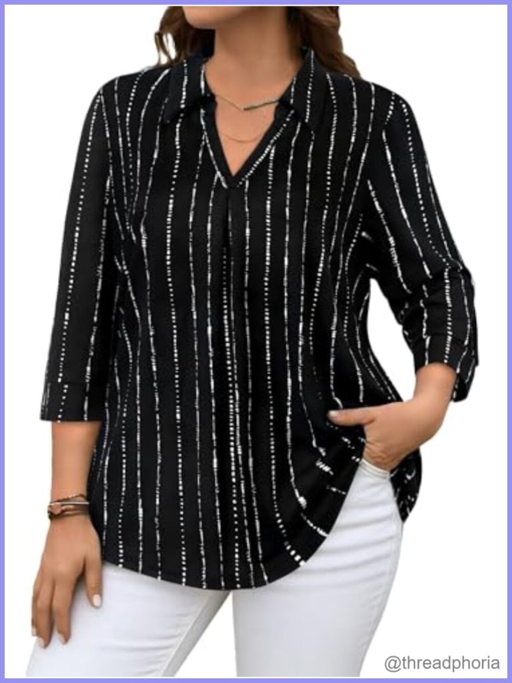 Plus Size Collared V Neck 3/4 Sleeve Blouse Loose Fit Casual Work Top